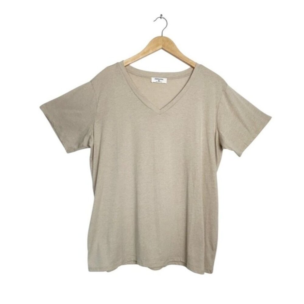 Zenana Women's V-Neck Short Sleeve Tee Shirt in Tan - Sz XL